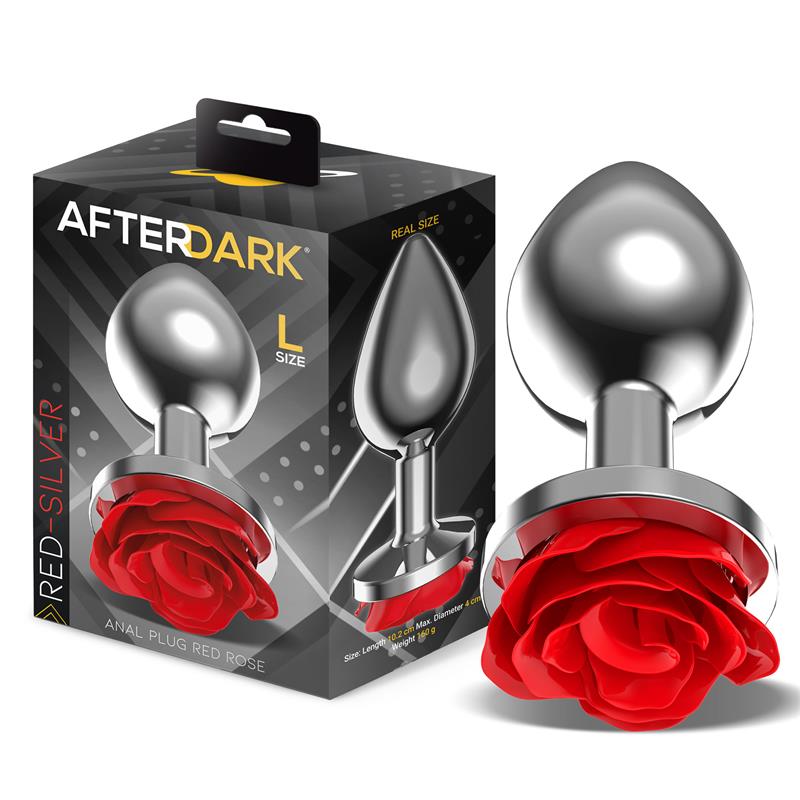 Plug anal prateado com base de rosa vermelha na caixa preta AfterDark