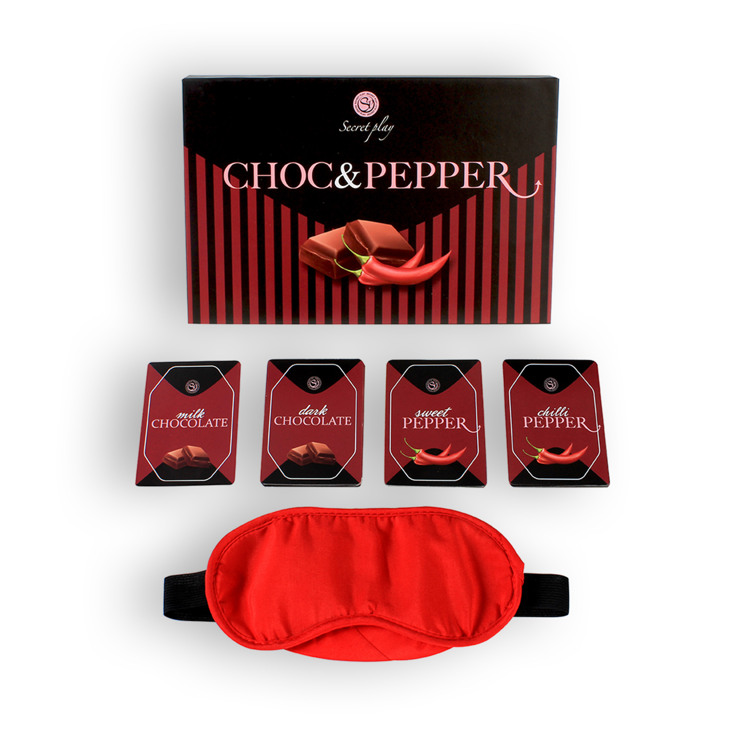Conjunto de chocolates e pimentas Secret Play com venda vermelha