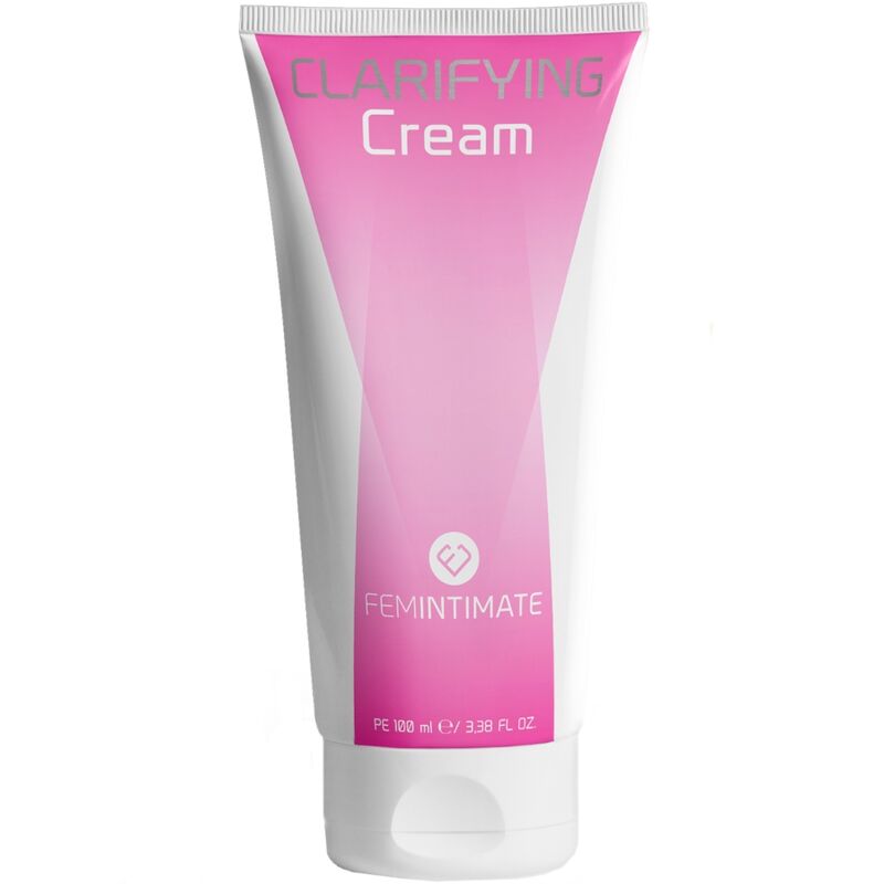 Frasco de creme rosa e branco com texto CLARIFYING Cream e FEMINTIMATE