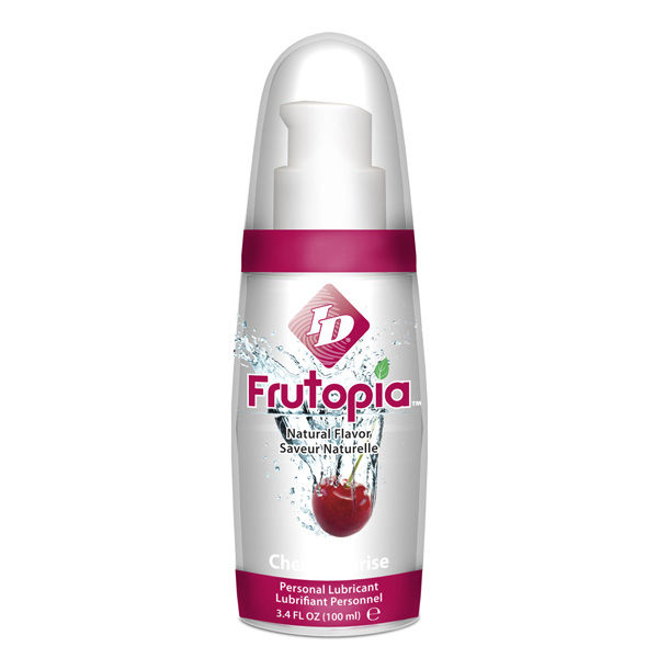 Frasco de lubrificante pessoal Frutopia com sabor natural e detalhes em rosa