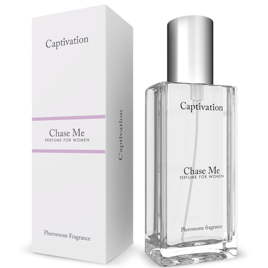Perfume Chase Me Captivation para mulheres com embalagem branca e frasco transparente.