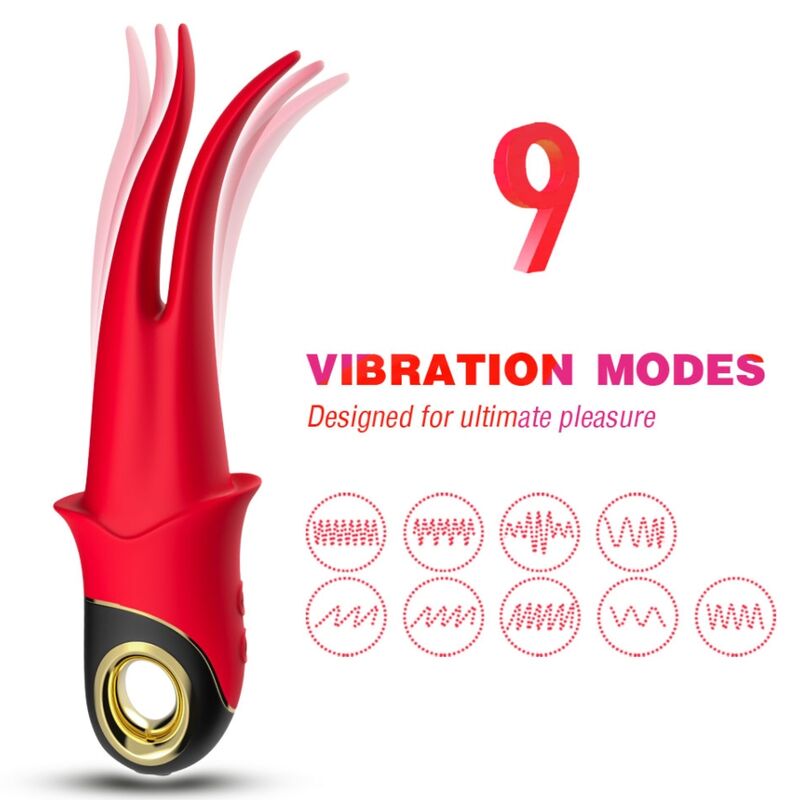 Brinquedo erótico vermelho com base preta e dourada e 9 modos de vibração