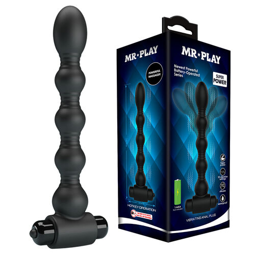 Plug anal vibratório preto com controlador e embalagem azul
