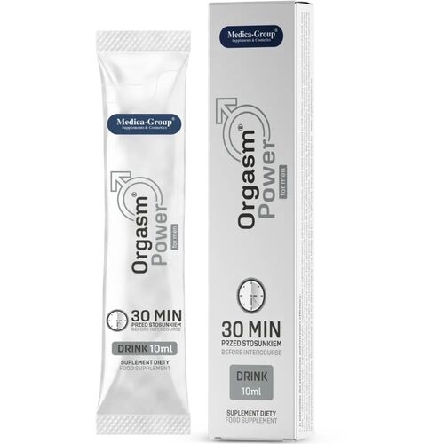 Embalagem branca de suplemento dietético líquido Orgasm Power da Medica-Group