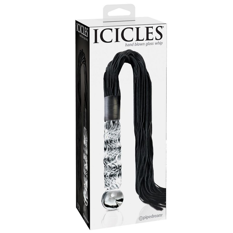 Embalagem do Chicote ICICLES com cabo de vidro transparente e tiras pretas
