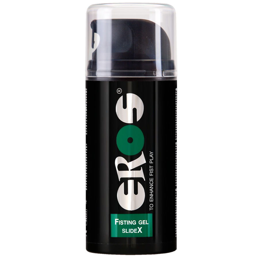 Frasco preto com tampa transparente e texto EROS Fisting Gel SlideX