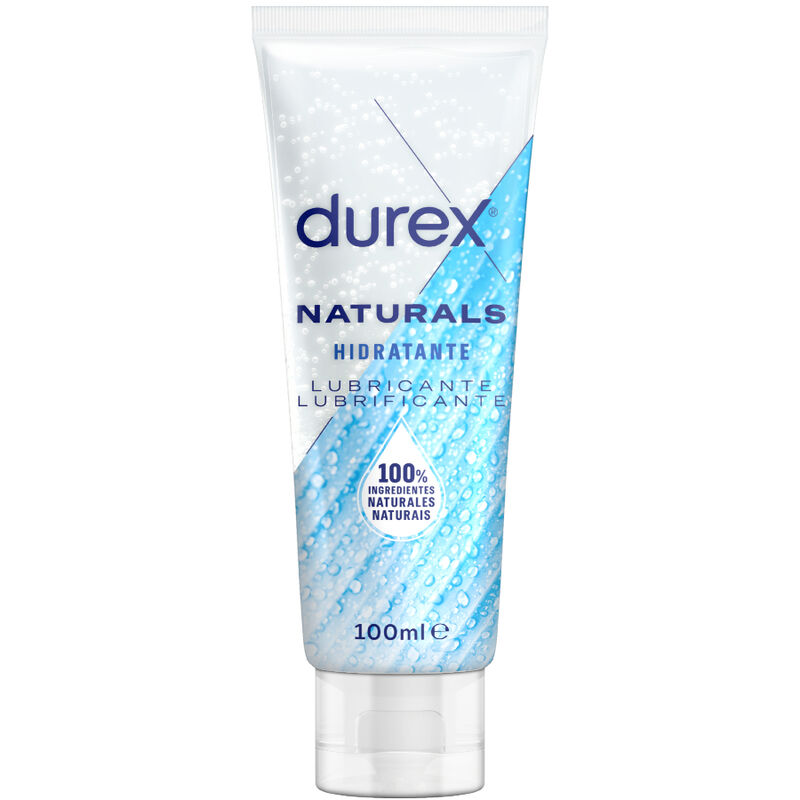 Tubo de lubrificante Durex Naturals hidratante 100ml com design azul e branco