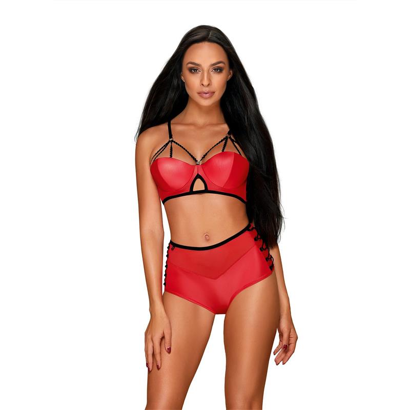 Conjunto de lingerie vermelho com detalhes pretos
