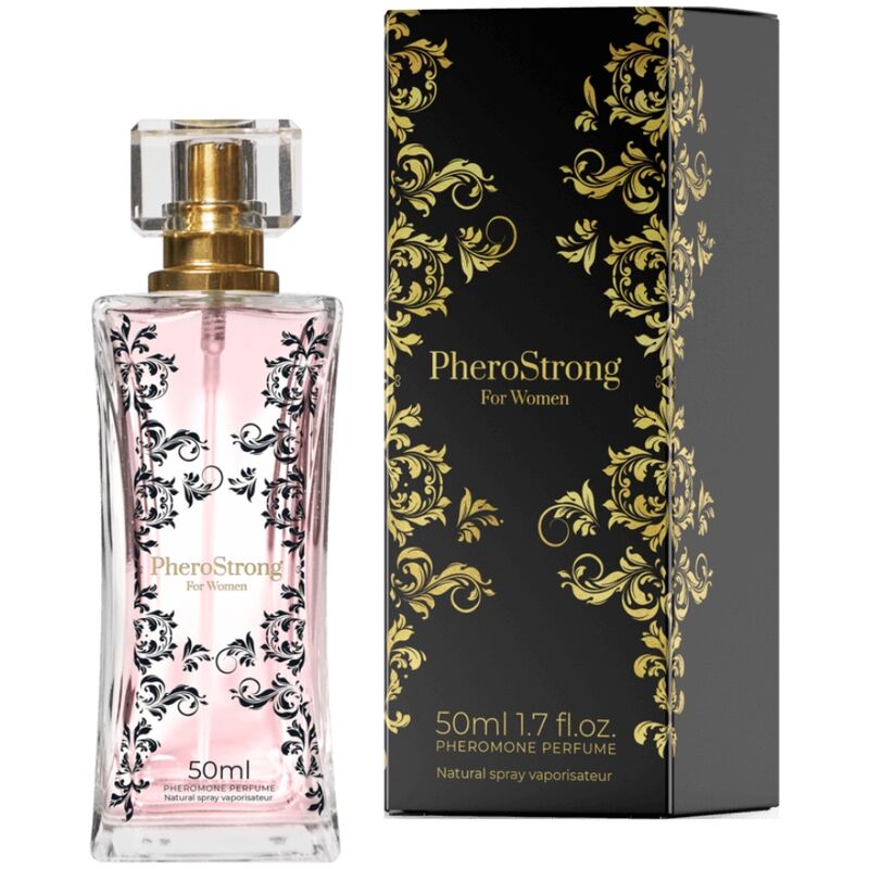 Frasco de perfume cor de rosa com caixa preta e dourada PheroStrong