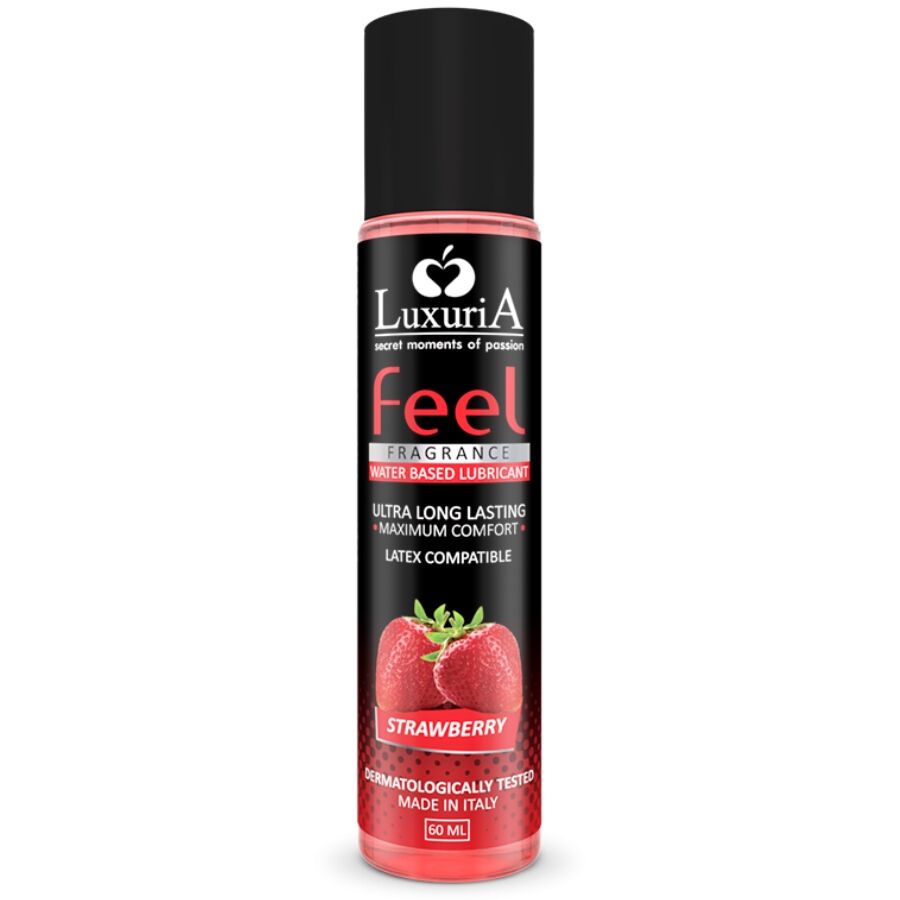 Frasco de lubrificante LuxuriA feel com fragrância a morango em embalagem preta e vermelha