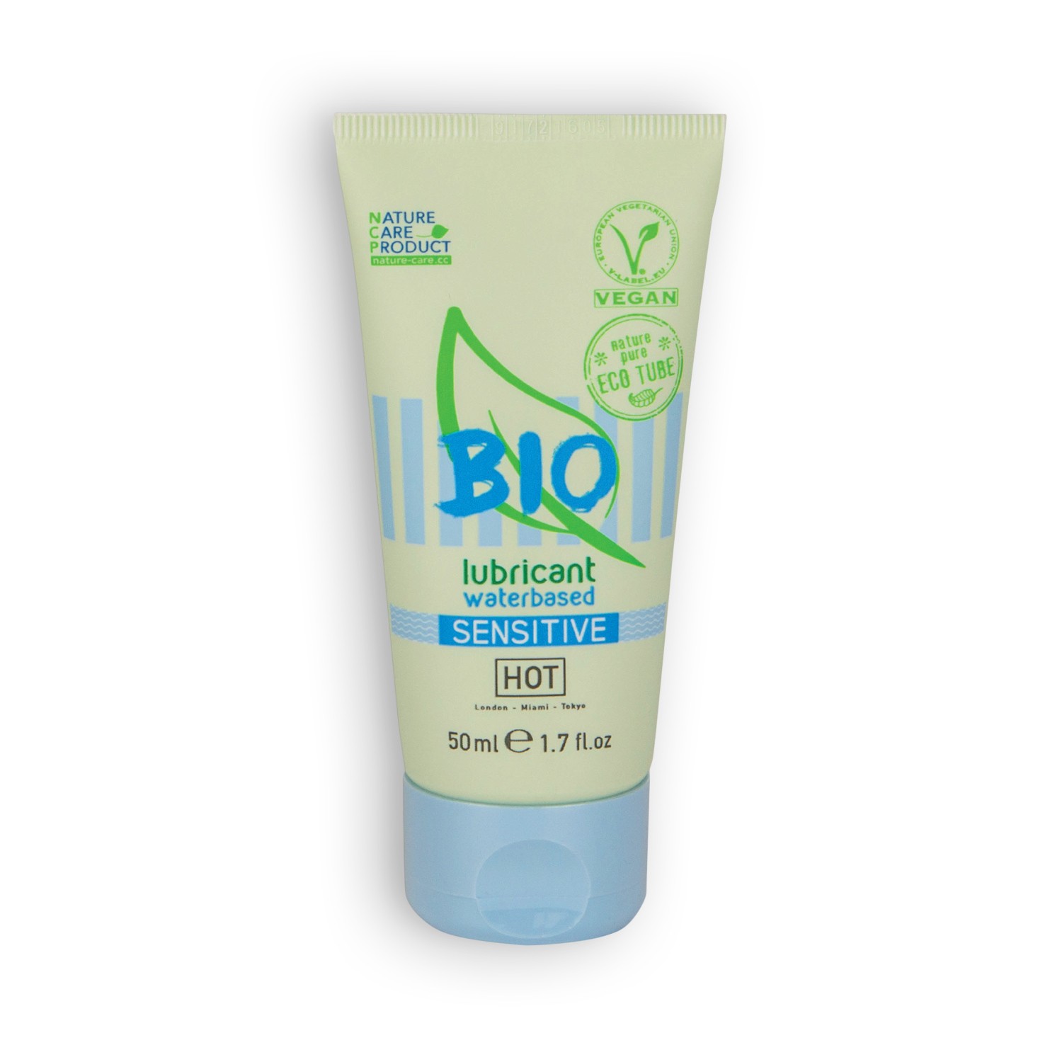 Tubo de lubrificante à base de água BIO para pele sensível com selo vegan e embalagem ecológica