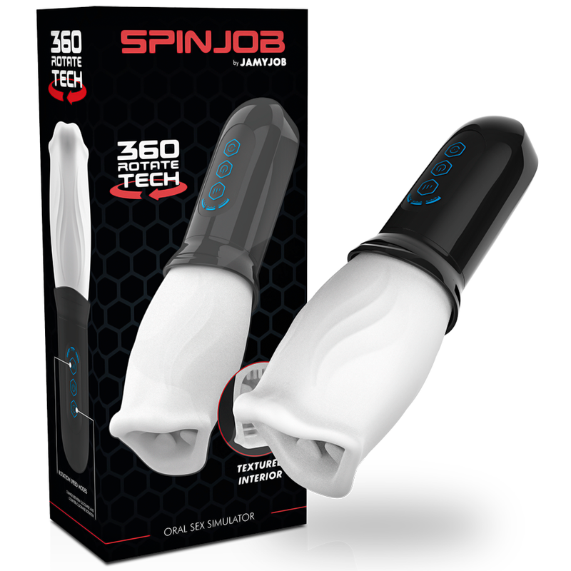 Simulador de sexo oral SpinJob preto com ponta branca texturizada na caixa preta.
