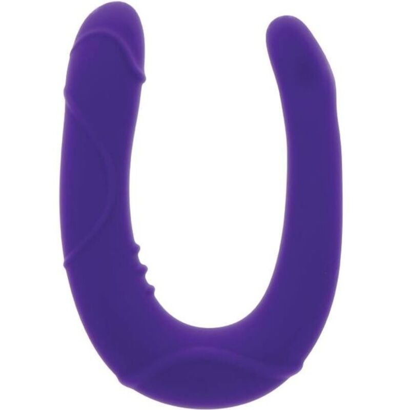 Produto em forma de U em silicone roxo com textura lisa e detalhes sulcados
