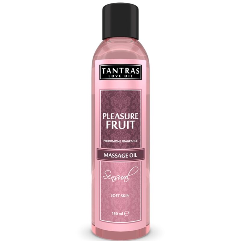 Frasco rosa de óleo de massagem Tantras com tampa preta e etiqueta com texto Pleasure Fruit