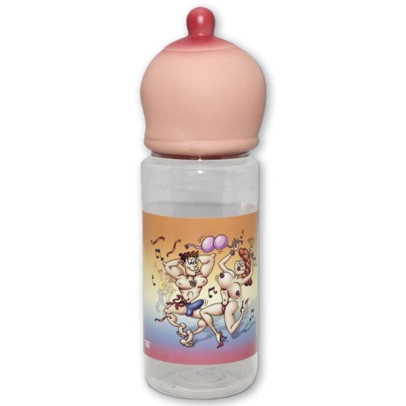 Garrafa transparente com tampa em silicone e ilustração colorida de adultos dançando.