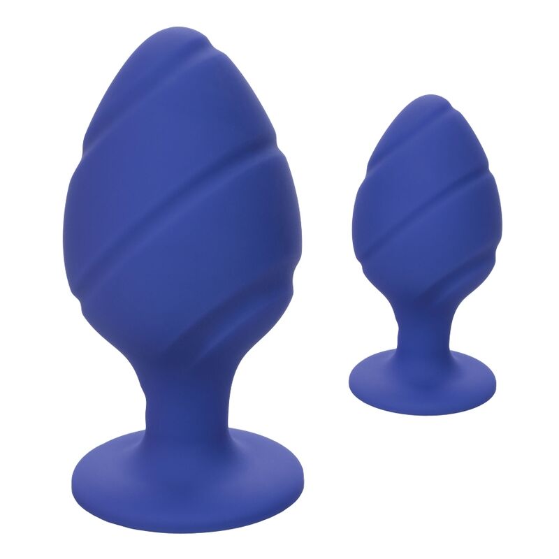 Dois plugues anais azuis em silicone com textura espiral