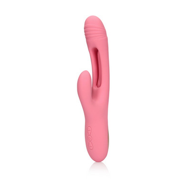 Vibrador cor-de-rosa com botão de controlo em fundo branco
