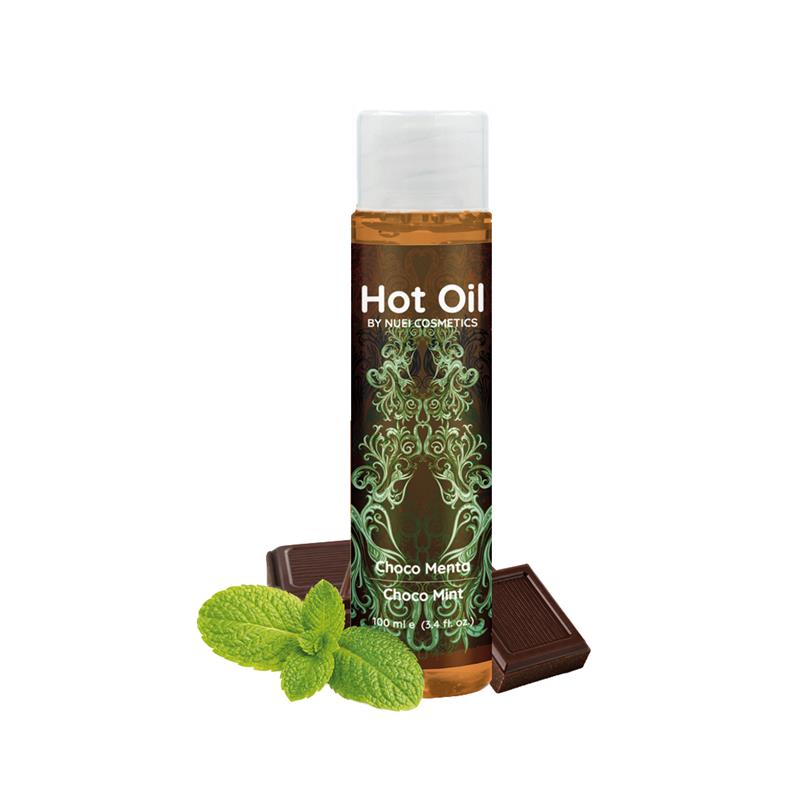 Frasco de Hot Oil Choco Mint com folhas de hortelã e chocolate