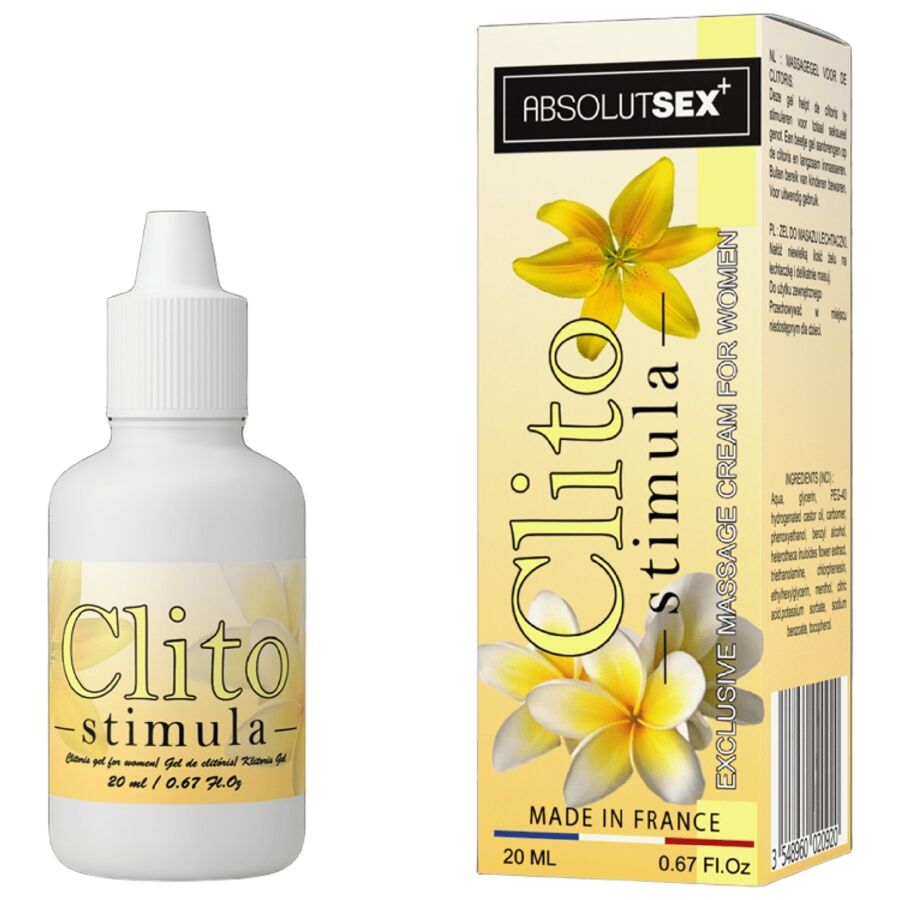 Frasco branco e caixa amarela com flores e texto de creme estimulante para mulheres