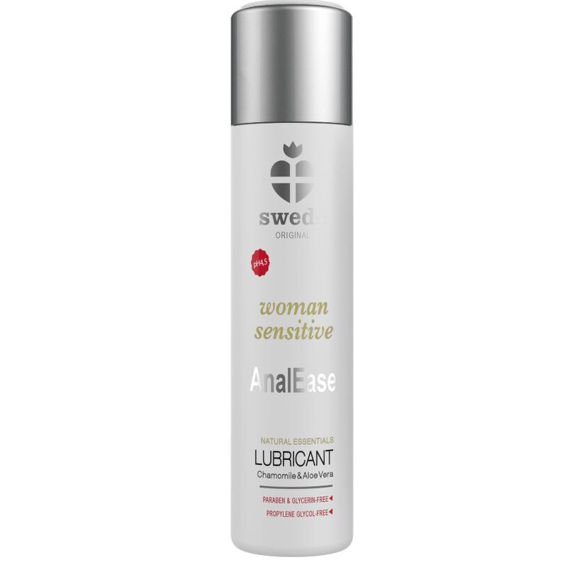 Frasco branco com tampa prateada de lubrificante Swed Original AnalEase para mulher sensível.