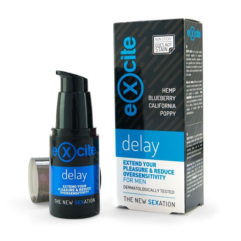 Frasco pequeno preto com rótulo azul e caixa preta e azul do produto eXcite delay