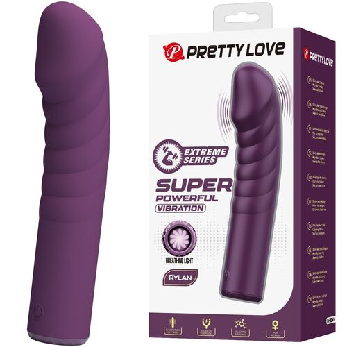 Vibrador roxo com embalagem branca e roxa e texto PRETTY LOVE SUPER POWERFUL VIBRATION