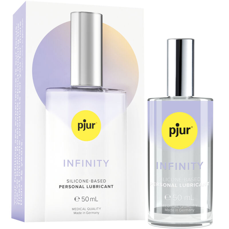 Frasco e embalagem do lubrificante pessoal pjur INFINITY 50 mL com rótulo amarelo