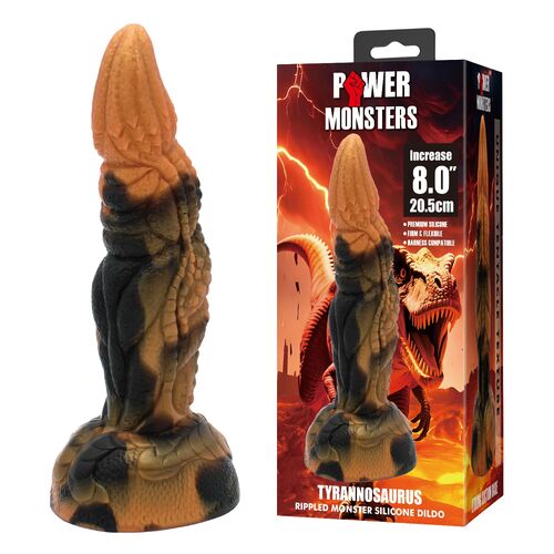 Dildo de silicone TYRANNOSAURUS com embalagem destacando características do produto
