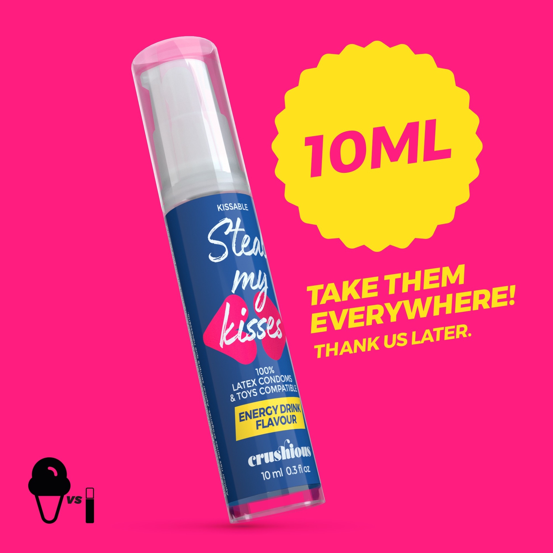 Frasco de gel lubrificante azul com tampa transparente e texto em branco, rosa e amarelo, sobre fundo rosa.