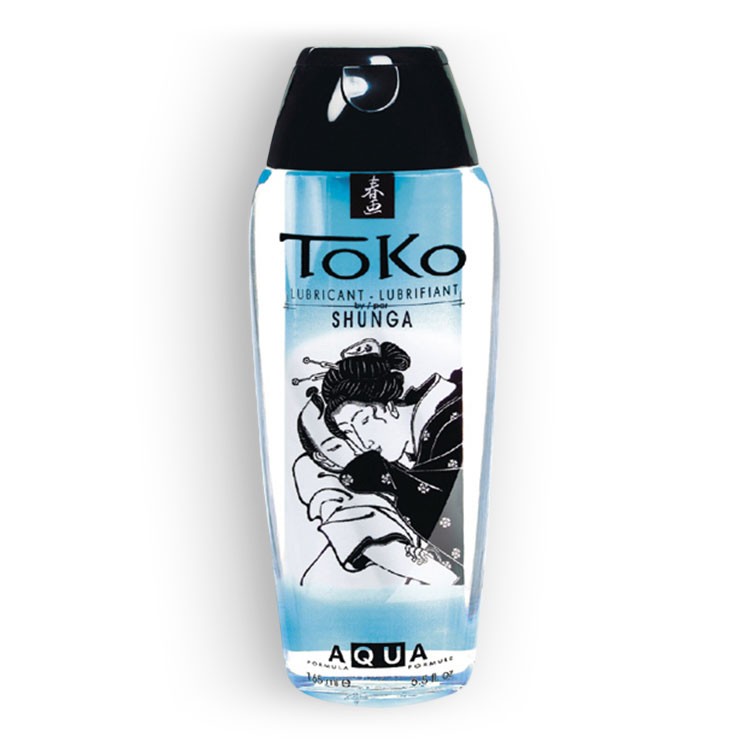 Frasco de lubrificante azul ToKo Shunga com tampa preta e imagem artística de casal