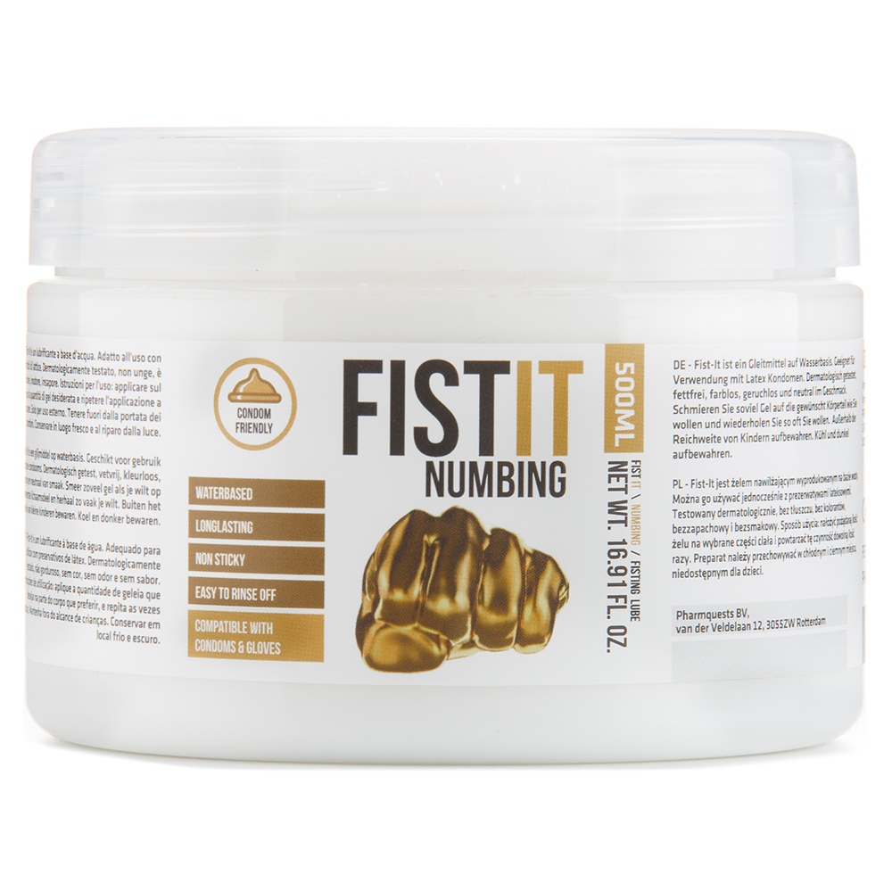 Frasco branco de lubrificante Fist It Numbing com ilustração de punho dourado e texto em português e outras línguas.