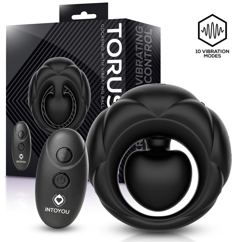 Anel vibratório preto com controlo remoto e embalagem