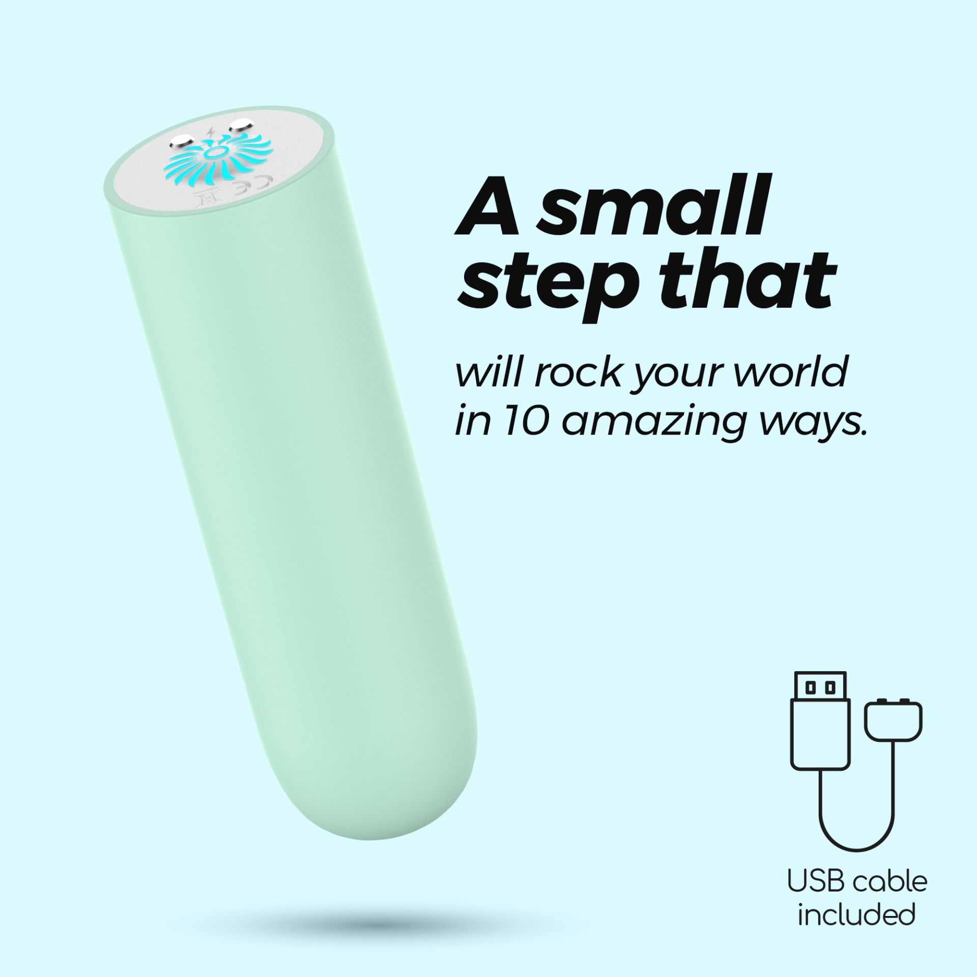 Dispositivo cilíndrico verde claro com topo cinza e padrão azul, texto promocional e símbolo de cabo USB