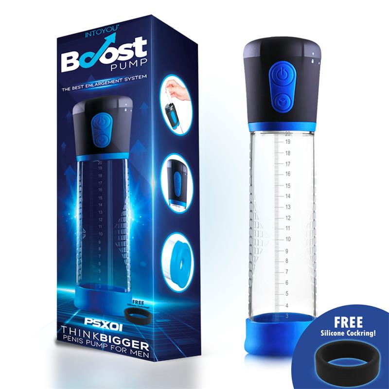 Bomba peniana Boost Pump PSX01 com embalagem azul, corpo transparente e base azul, tampa preta com botões azuis