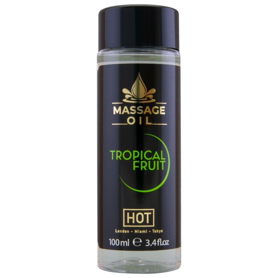 Frasco de óleo de massagem tropical fruit com rótulo preto e texto dourado e verde