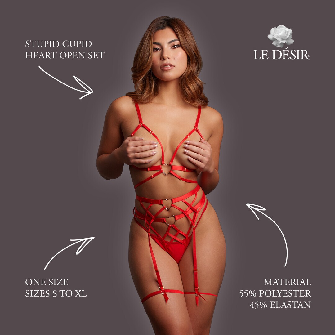 Conjunto de lingerie vermelho com fitas e corações metálicos em fundo cinzento.