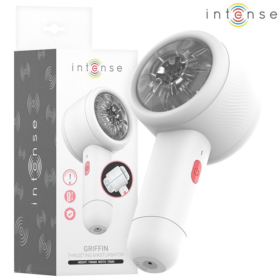 Dispositivo branco com botão rosa e embalagem com texto Intense Griffin