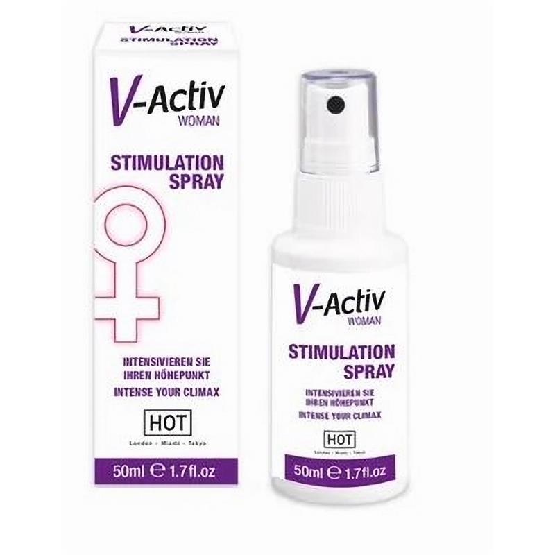 Spray estimulante V-Activ Woman branco com texto roxo e preto e caixa ao lado