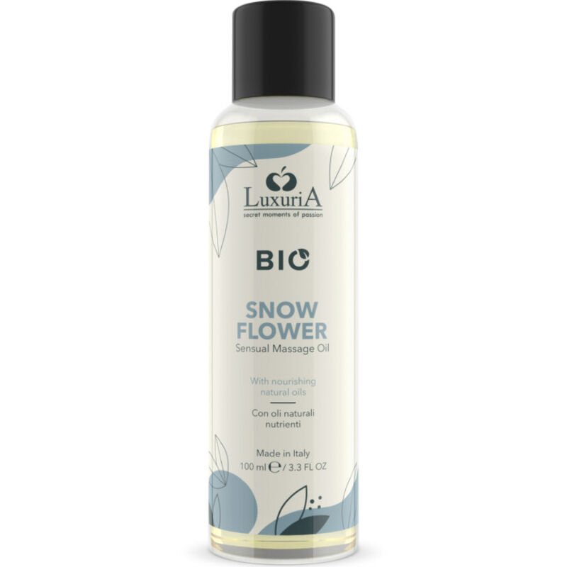 Frasco branco de óleo de massagem LuxuriA com tampa preta e texto azul