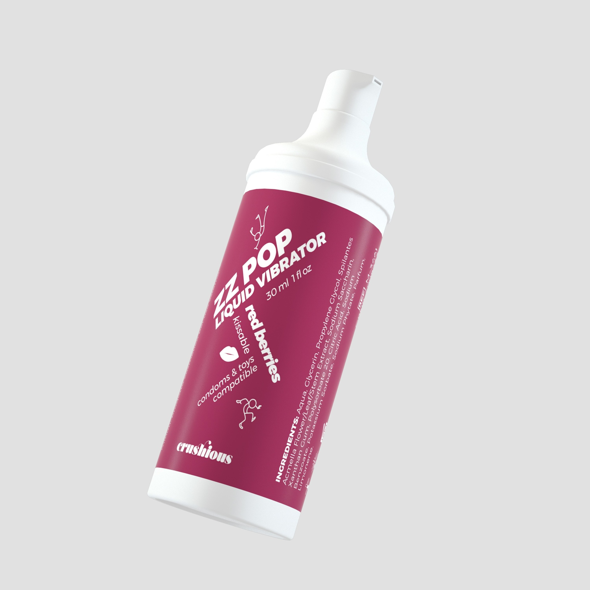 Frasco branco com copa vermelha com texto branco e tampa pump