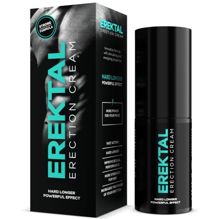 Caixa e frasco preto de creme EREKTAL Erection Cream com texto azul e branco