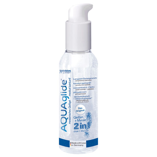 Frasco de lubrificante Aquaglide 2 in 1 com doseador branco e rótulo azul e branco