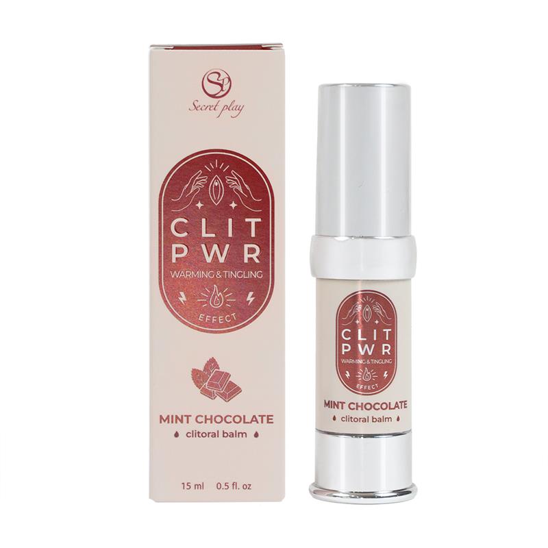 Bálsamo clitoriano CLIT PWR Mint Chocolate em frasco prateado e embalagem bege
