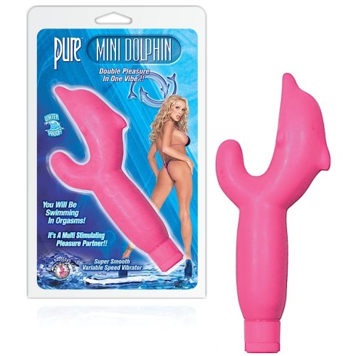 Vibrador rosa em forma de golfinho com embalagem azul e texto em inglês
