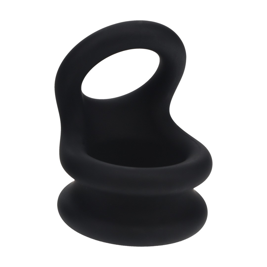 Anel preto de silicone com alça oval e base dupla.