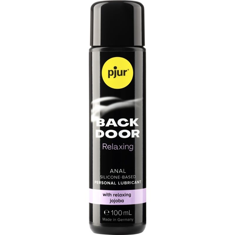 Frasco preto de lubrificante pessoal pjur BACK DOOR Relaxing com texto colorido