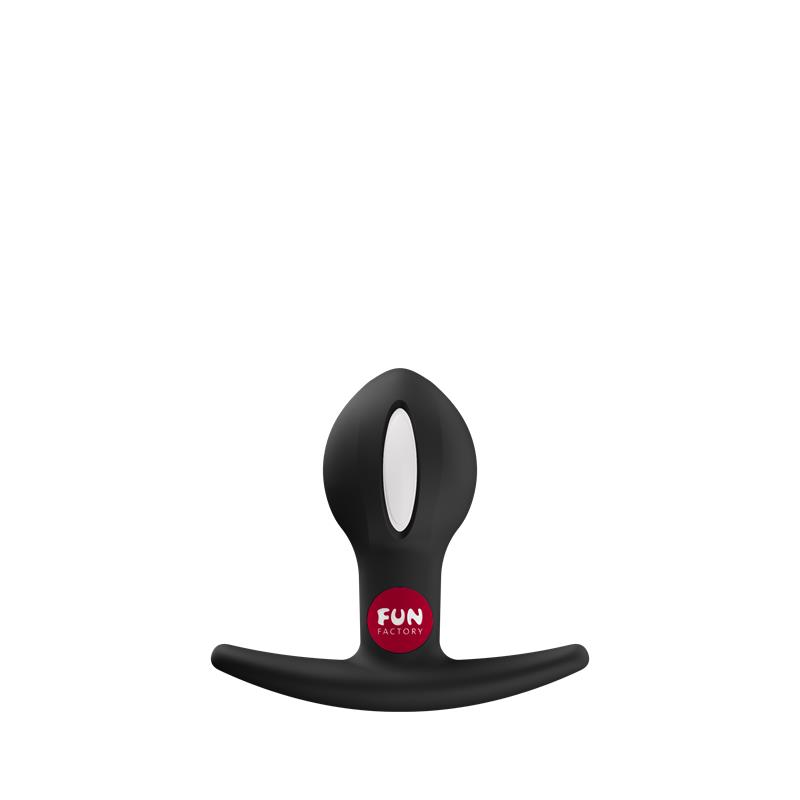 Dispositivo anatómico preto com detalhe em branco e selo vermelho FUN FACTORY