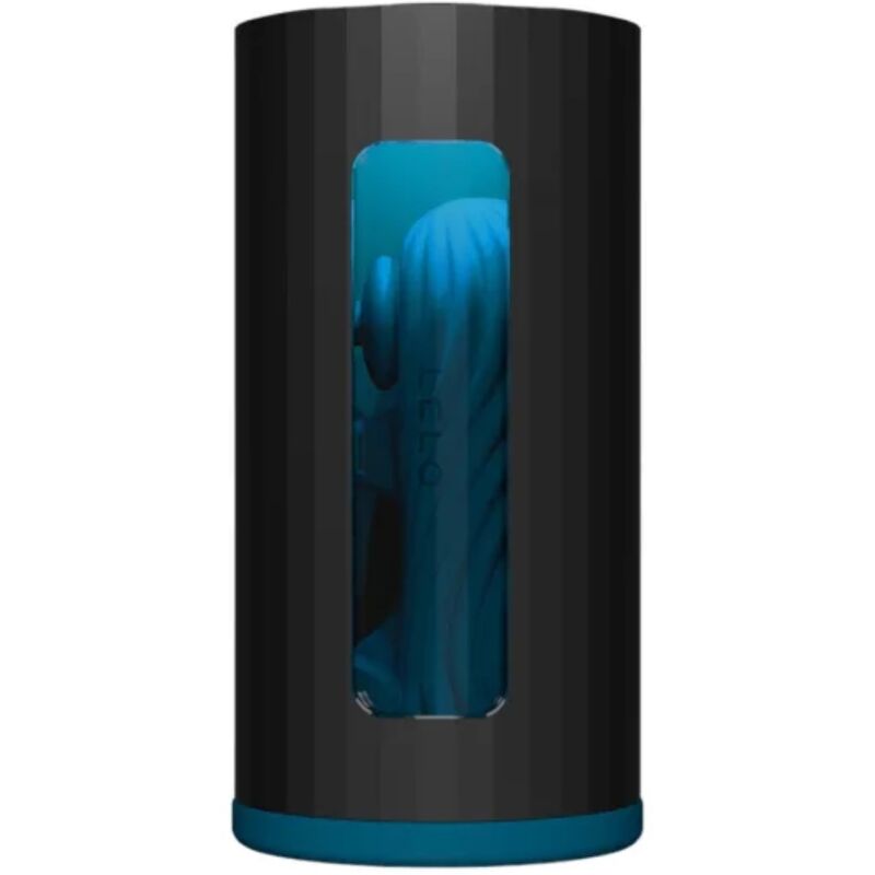 Embalagem preta cilíndrica com objeto azul no interior visível pela janela