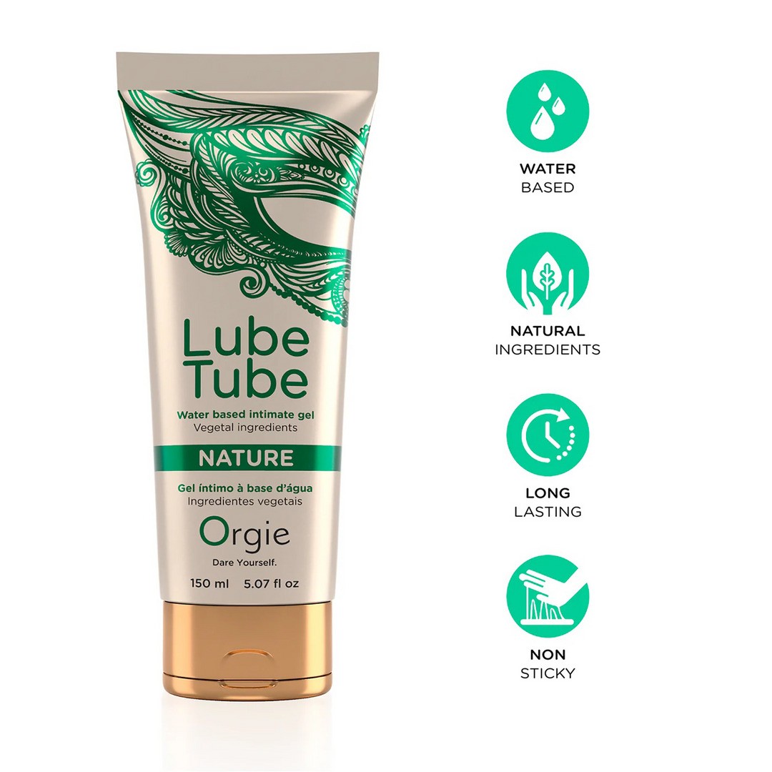 Frasco de gel íntimo Lube Tube Nature com tampa dourada e texto verde e preto