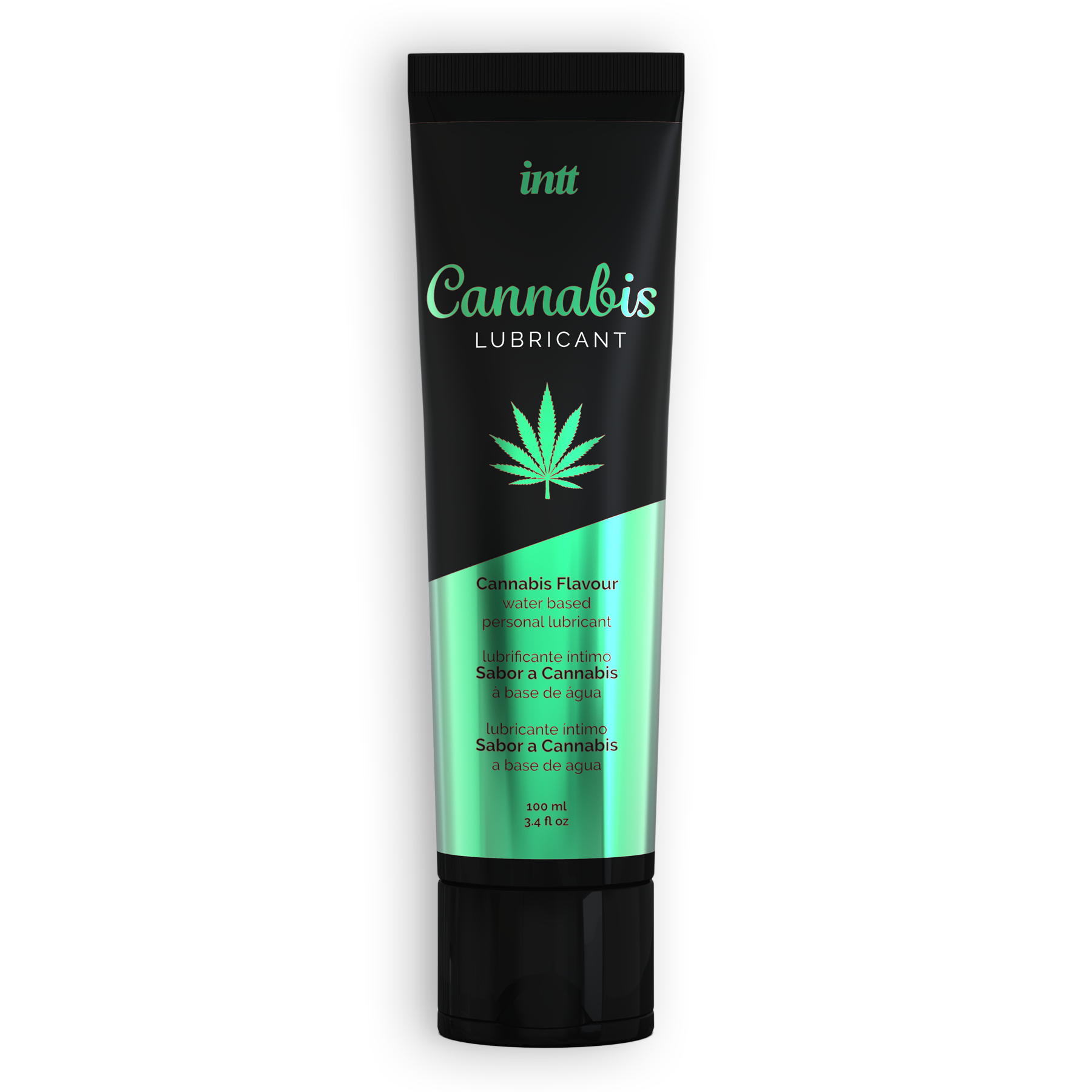 Tubo de lubrificante pessoal com sabor a cannabis em embalagem preta com detalhes verdes